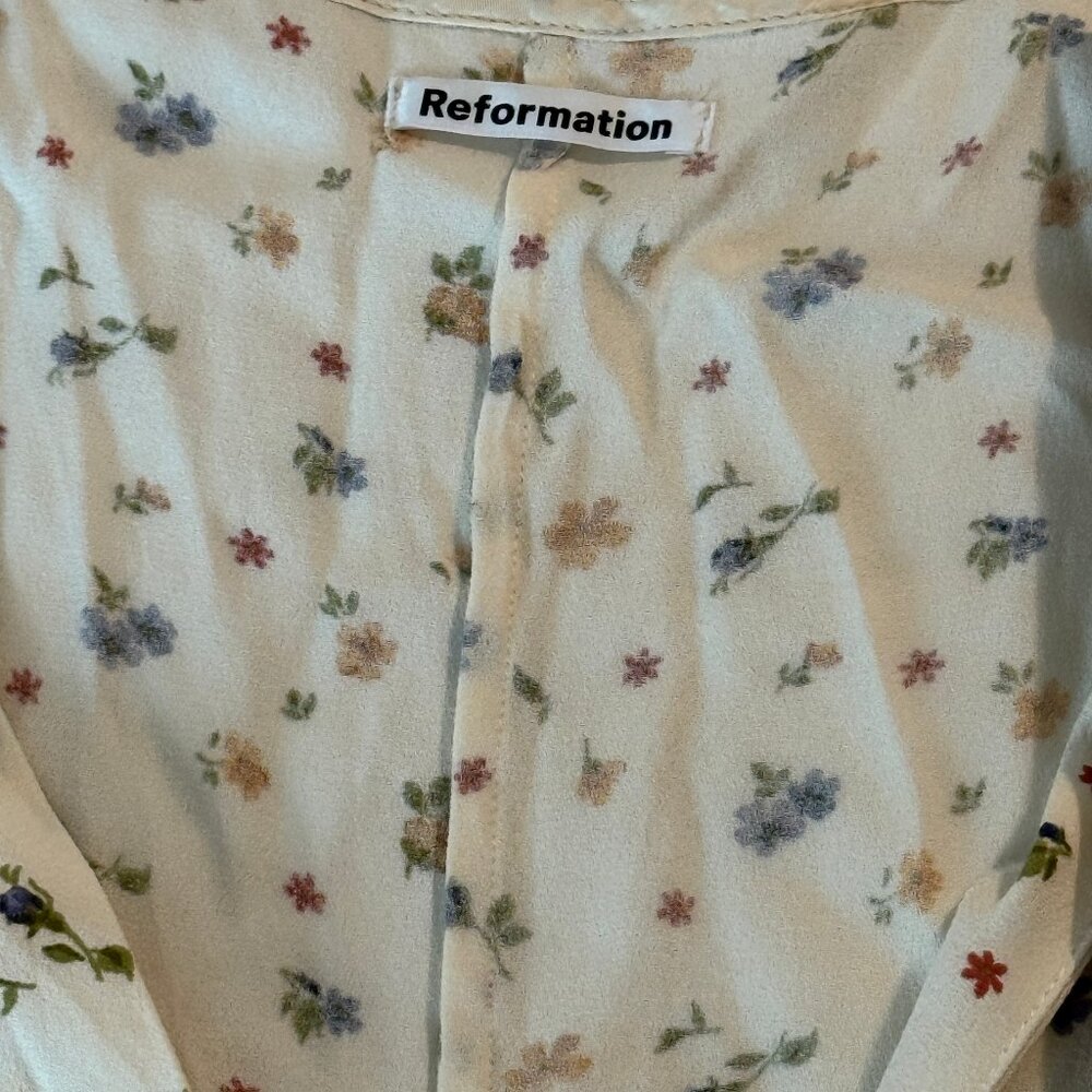 Reformation Nell Floral Print Blouse White Long Sleeve Tie Front Top Size Small - Picture 9 of 12